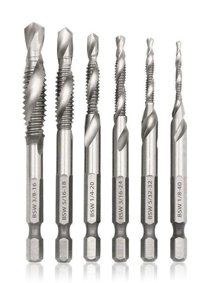 Mesee 6 Pieces Drill Tap Combination Bit Set, 1/4'' Hex Shank HSS Deburr Countersink Bits Spiral Screw Tap Tool Kit - Imperial 1/8 5/32 3/16 1/4 5/16 3/8 - Image 1