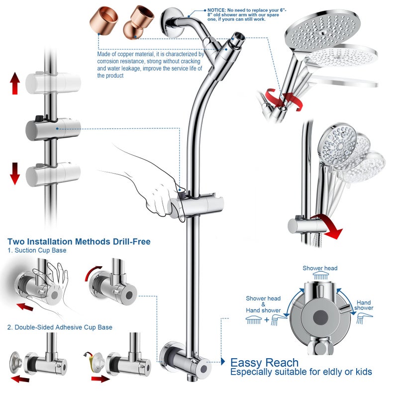 egretshower 7.5" Rotatable Dual Shower Head with Handheld Combo, Kids Friendly Low 3-Way Diverter, Adjustable Slide Bar for Whole Family Use, Enjoy High Pressure Rainfall Spa Shower, Polished Chrome Finish - Image 2