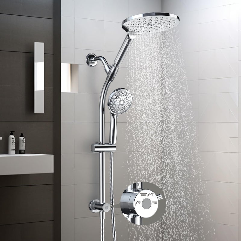 egretshower 7.5" Rotatable Dual Shower Head with Handheld Combo, Kids Friendly Low 3-Way Diverter, Adjustable Slide Bar for Whole Family Use, Enjoy High Pressure Rainfall Spa Shower, Polished Chrome Finish - Image 1
