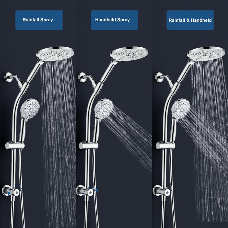 egretshower 7.5" Rotatable Dual Shower Head with Handheld Combo, Kids Friendly Low 3-Way Diverter, Adjustable Slide Bar for Whole Family Use, Enjoy High Pressure Rainfall Spa Shower, Polished Chrome Finish - Image 4