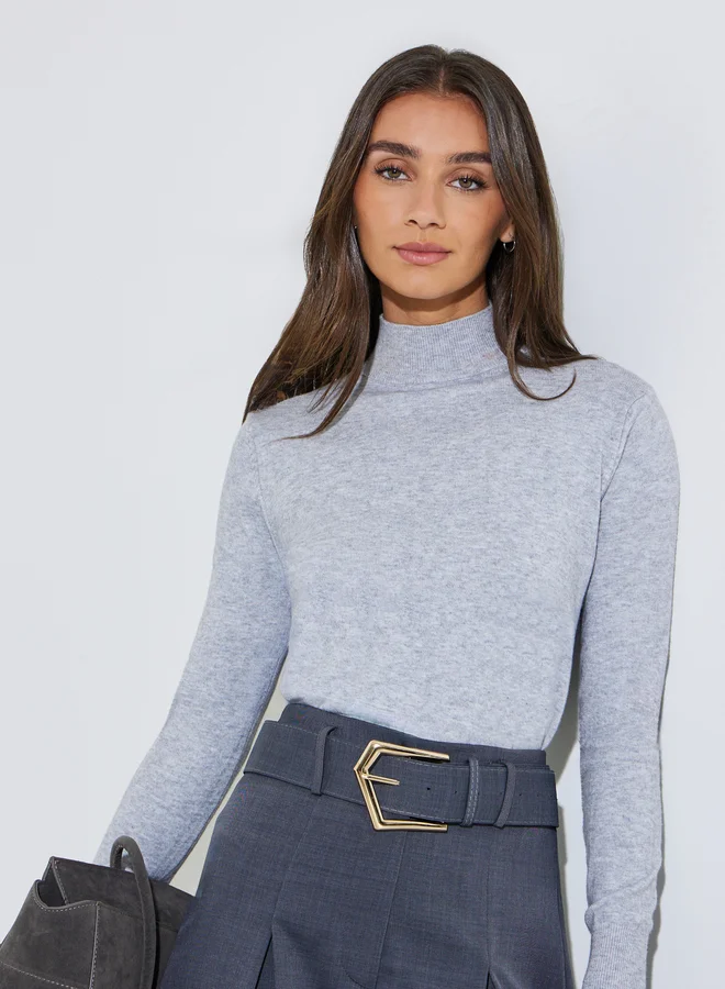 Styli Grey Solid High Neck Ribbed Jumper