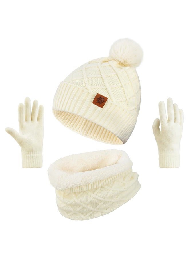 YARIEW Winter Hat Neck Warmer and Gloves Set for Women, Warm Knitted Beanie with Pom Pom, Soft Ear Warmer Scarf, Warm Gloves, Beige, M - Image 1