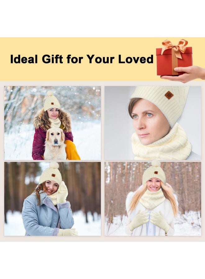 YARIEW Winter Hat Neck Warmer and Gloves Set for Women, Warm Knitted Beanie with Pom Pom, Soft Ear Warmer Scarf, Warm Gloves, Beige, M - Image 5