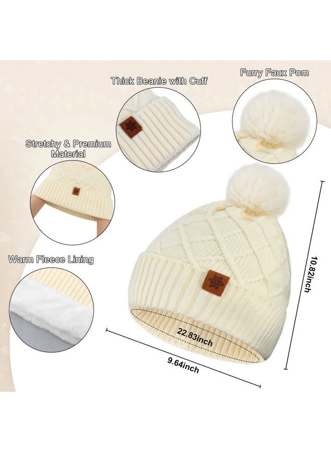 YARIEW Winter Hat Neck Warmer and Gloves Set for Women, Warm Knitted Beanie with Pom Pom, Soft Ear Warmer Scarf, Warm Gloves, Beige, M - Image 2