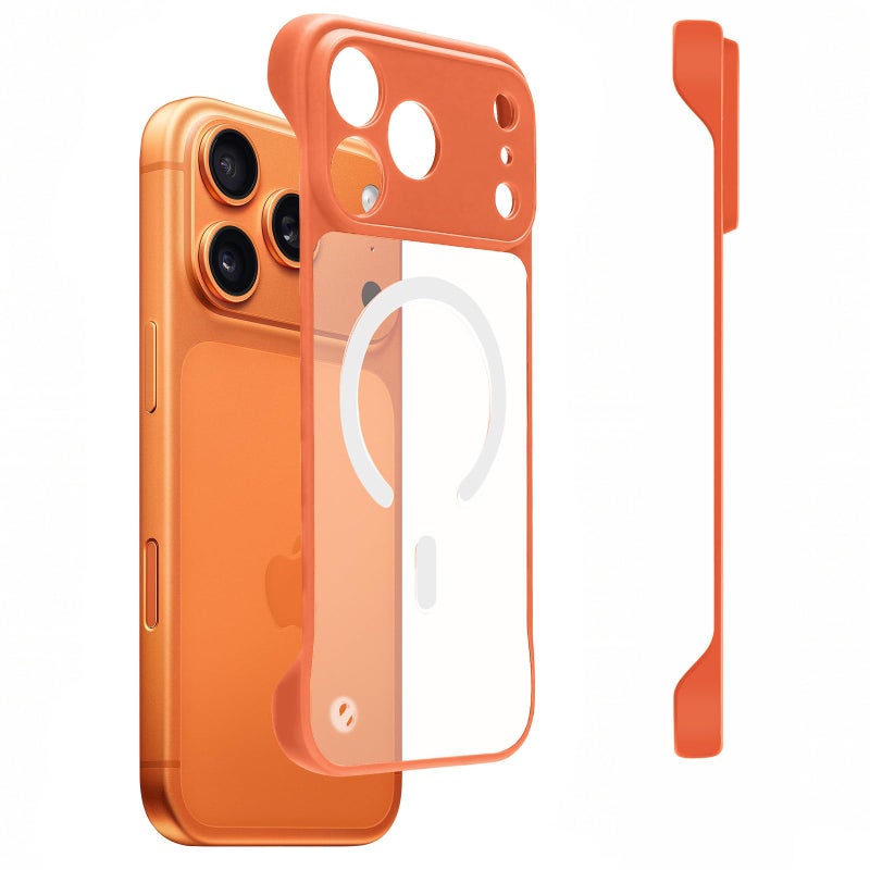 Omio Magnetic Slim Case for iPhone 17 Pro Max Compatible with MagSafe, Clear Matte Ultra-Thin Bumper Frameless Borderless Design with Finger Loop Full Camera Protection for Women Men, Orange - Image 1