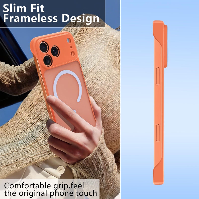 Omio Magnetic Slim Case for iPhone 17 Pro Max Compatible with MagSafe, Clear Matte Ultra-Thin Bumper Frameless Borderless Design with Finger Loop Full Camera Protection for Women Men, Orange - Image 2