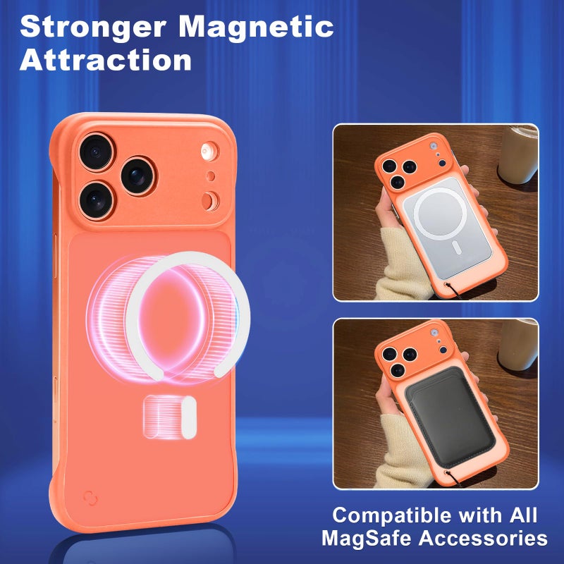 Omio Magnetic Slim Case for iPhone 17 Pro Max Compatible with MagSafe, Clear Matte Ultra-Thin Bumper Frameless Borderless Design with Finger Loop Full Camera Protection for Women Men, Orange - Image 4