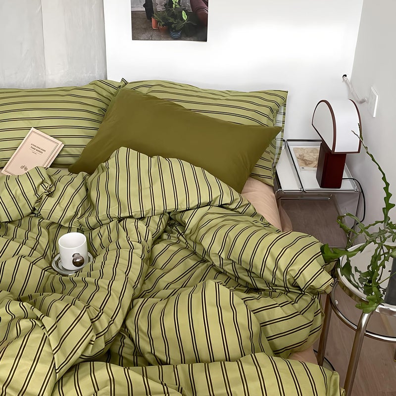mixinni Vintage Stripes Duvet Cover Set King - 3-Piece Mid-Century Cotton Olive & Taupe Striped Bedding, Soft Breathable All-Season Comforter Cover with Zipper Closure & Corner Ties-King Size - Image 1
