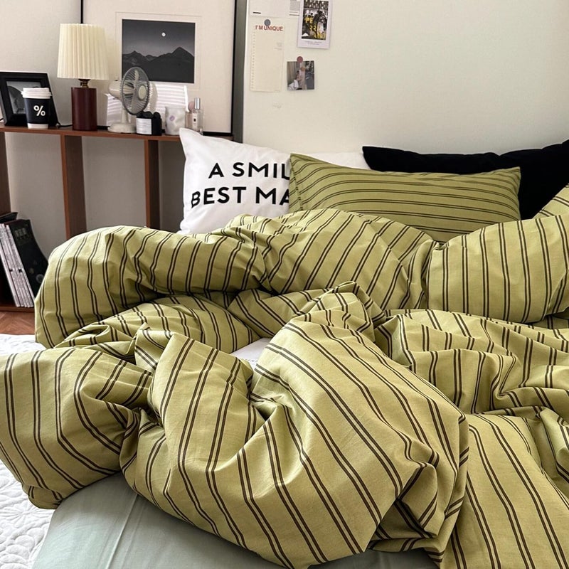 mixinni Vintage Stripes Duvet Cover Set King - 3-Piece Mid-Century Cotton Olive & Taupe Striped Bedding, Soft Breathable All-Season Comforter Cover with Zipper Closure & Corner Ties-King Size - Image 5