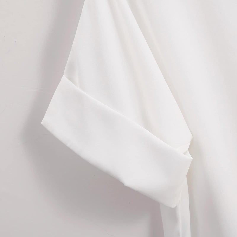 HEYXI Loose Cotton Shirt White Loose Bat Sleeve Collar Shirt Woman Daily Pullover V-Neck Blouses Top for Office School White - Image 3