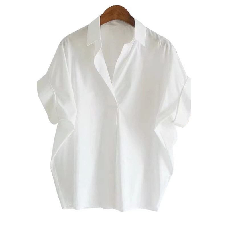 HEYXI Loose Cotton Shirt White Loose Bat Sleeve Collar Shirt Woman Daily Pullover V-Neck Blouses Top for Office School White - Image 4