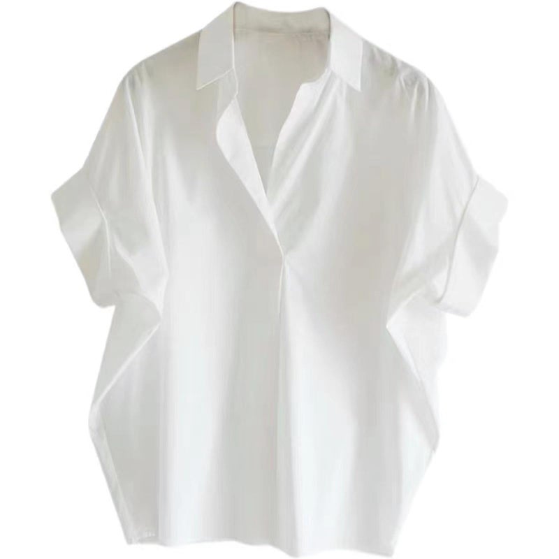 HEYXI Loose Cotton Shirt White Loose Bat Sleeve Collar Shirt Woman Daily Pullover V-Neck Blouses Top for Office School White - Image 1