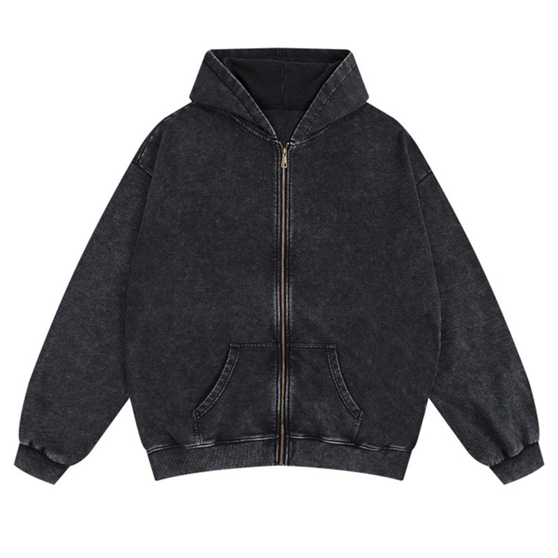 SnowElve Mens Zip Up Hoodie Women Full Zip Hoodies Vintage Acid Wash Oversized Sweatshirts Hooded Sweatshirt Streetwear(Black,M) - Image 1