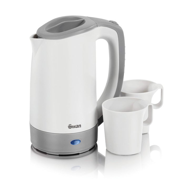 SK19011N DUAL VOLTAGE TRAVEL KETTLE WITH TWO TEA CUPS 05 LITRE CAPACITY 125600 W LIGHTWEIGHT WHITEGREY