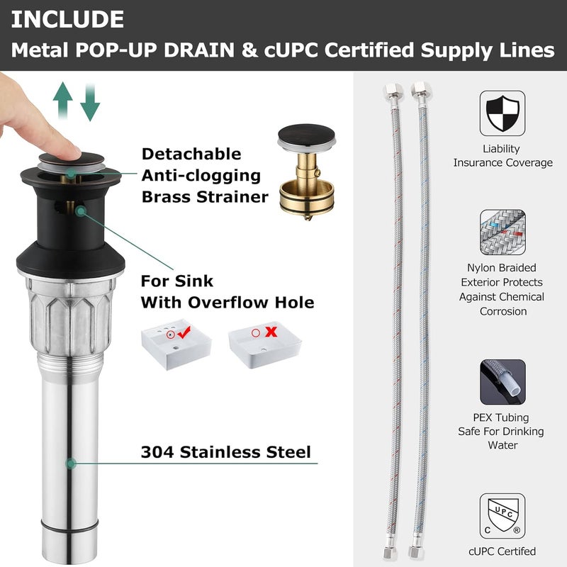 PARLOS Two-Handle Bathroom Sink Faucet with Metal Drain Assembly and Supply Hose Lead-Free cUPC Mixer Double Handle Tap Deck Mounted Oil Rubbed Bronze, 13597 - Image 3