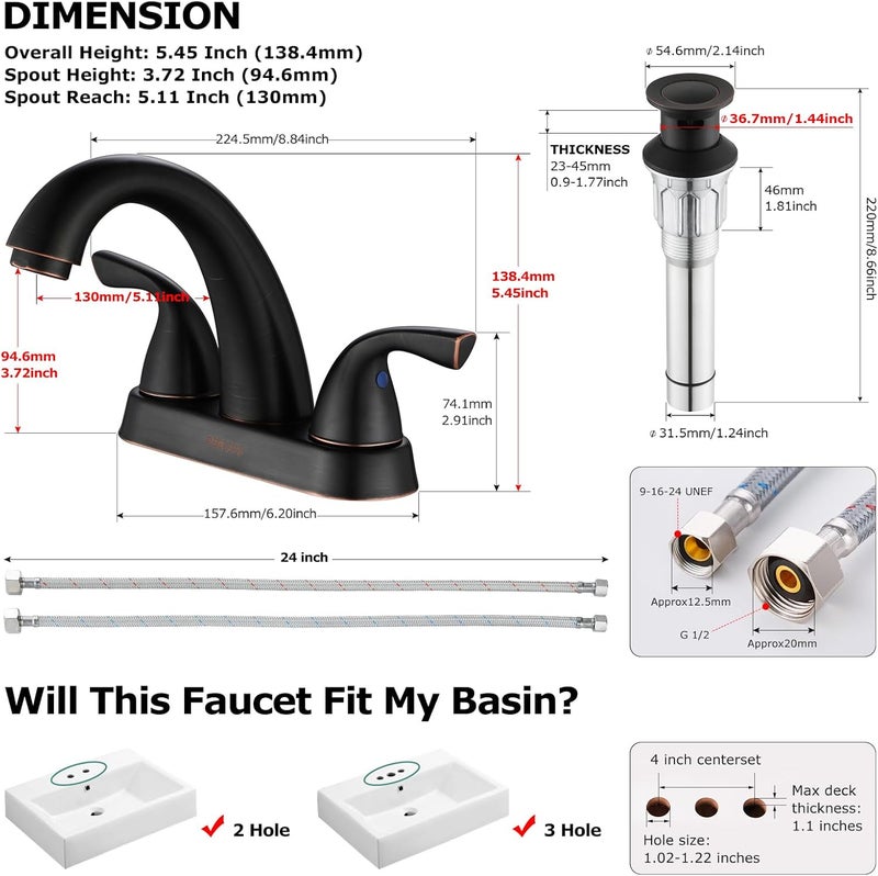 PARLOS Two-Handle Bathroom Sink Faucet with Metal Drain Assembly and Supply Hose Lead-Free cUPC Mixer Double Handle Tap Deck Mounted Oil Rubbed Bronze, 13597 - Image 4