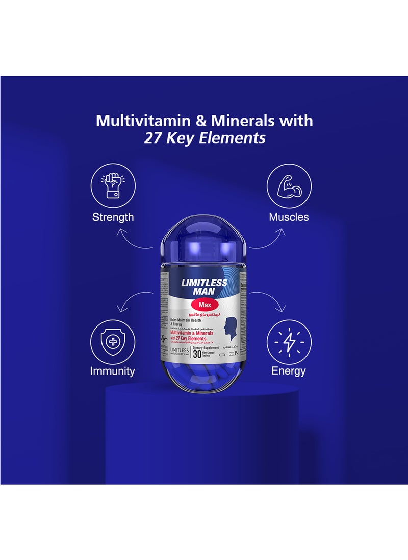 EVA PHARMA - ليمتلس ناتشورالز مان ماكس مكمل غذائي متعدد الفيتامينات للرجال، 30 قرصًا - Image 1