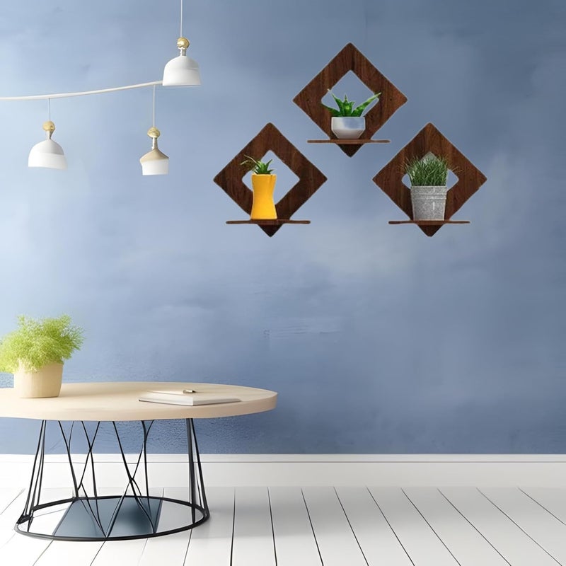 VUF Wooden Frame Wall Mounted Shelves for Home Decor Stylish Modern Antique Wall Hanging Decoration for Living Room Bedroom and Dining Room Square Set of 3