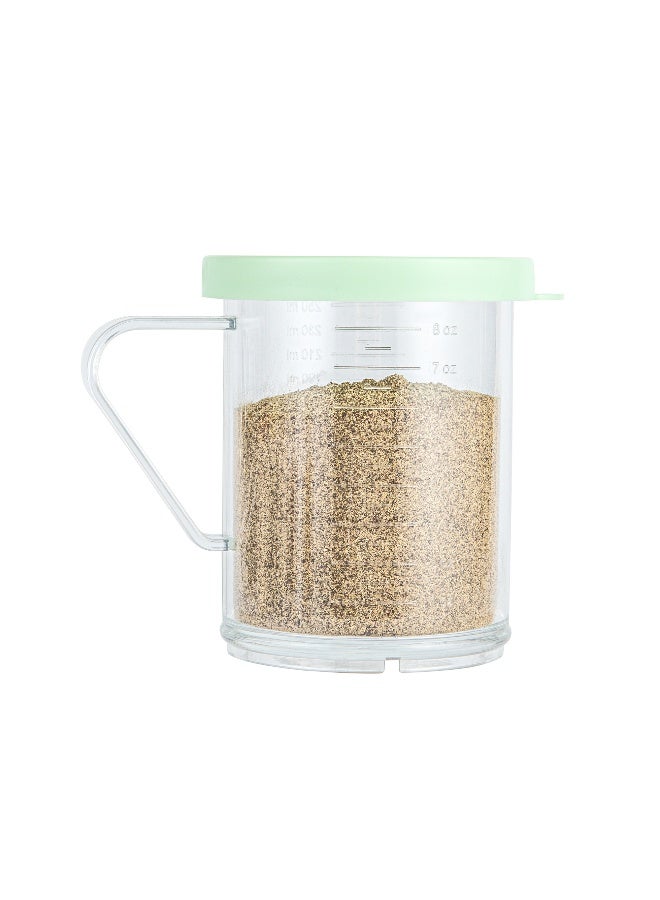 Restaurantware RW Base 10 Ounce Clear Plastic Dredge Spice Shaker, 1 Reusable Dry Rub Shaker - Includes Green Perforated Lid, With Handle, Clear Polycarbonate Spice Shaker, For Fine Seasonings  - Image 1