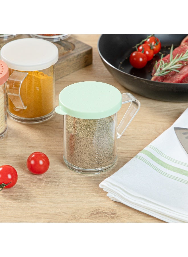 Restaurantware RW Base 10 Ounce Clear Plastic Dredge Spice Shaker, 1 Reusable Dry Rub Shaker - Includes Green Perforated Lid, With Handle, Clear Polycarbonate Spice Shaker, For Fine Seasonings  - Image 4