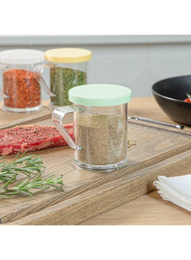 Restaurantware RW Base 10 Ounce Clear Plastic Dredge Spice Shaker, 1 Reusable Dry Rub Shaker - Includes Green Perforated Lid, With Handle, Clear Polycarbonate Spice Shaker, For Fine Seasonings  - Image 3