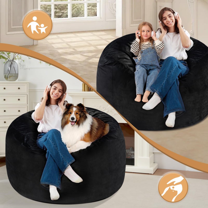 Homguava 3FT Bean Bag Chair: 3' Bean Bags with Memory Foam Filled, Large Beanbag Chairs Soft Sofa with Dutch Velvet Cover-Black - Image 4