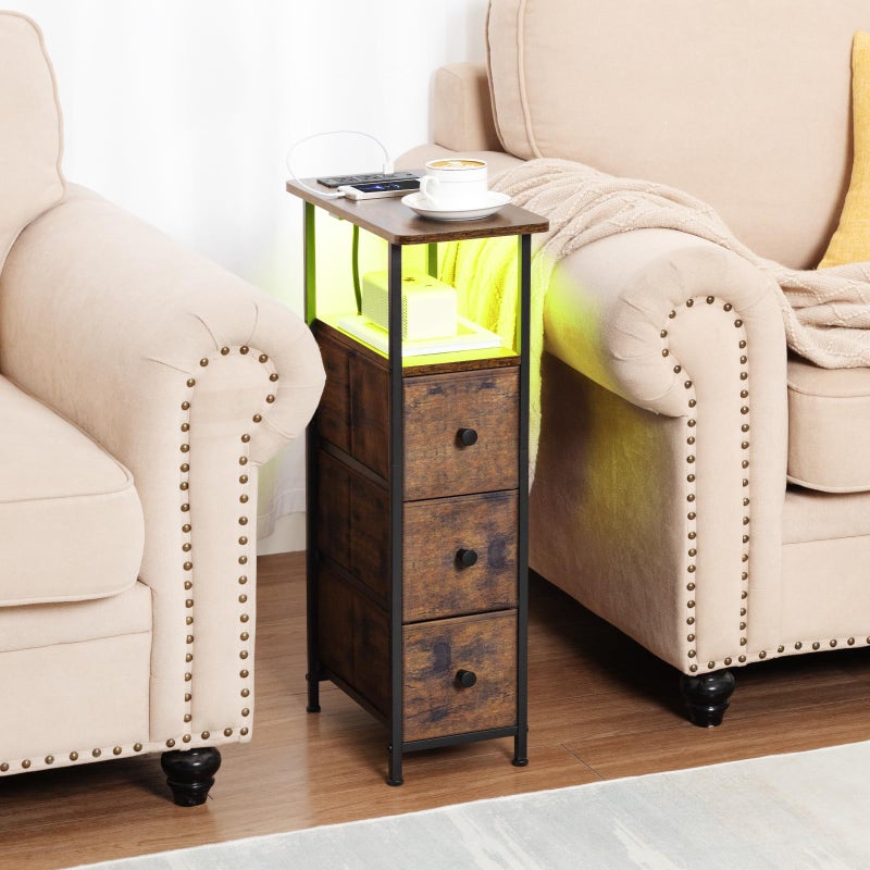 LOAKEKEL Narrow End Tables Living Room Set of 2 with Charging Station, Skinny Side Table with Fabric Drawers, Slim LED Nightstand for Bedroom, Small Spaces, Couch, Rustic Brown, HETNDP03LPBR - Image 5