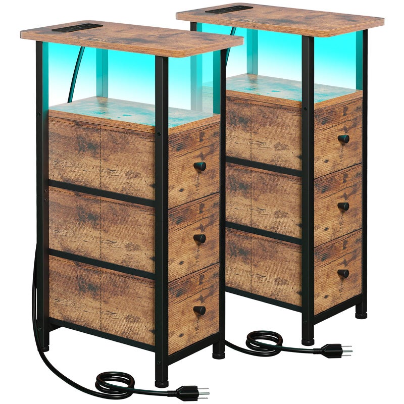 LOAKEKEL Narrow End Tables Living Room Set of 2 with Charging Station, Skinny Side Table with Fabric Drawers, Slim LED Nightstand for Bedroom, Small Spaces, Couch, Rustic Brown, HETNDP03LPBR - Image 1