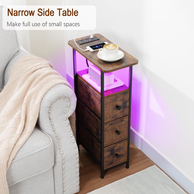 LOAKEKEL Narrow End Tables Living Room Set of 2 with Charging Station, Skinny Side Table with Fabric Drawers, Slim LED Nightstand for Bedroom, Small Spaces, Couch, Rustic Brown, HETNDP03LPBR - Image 2