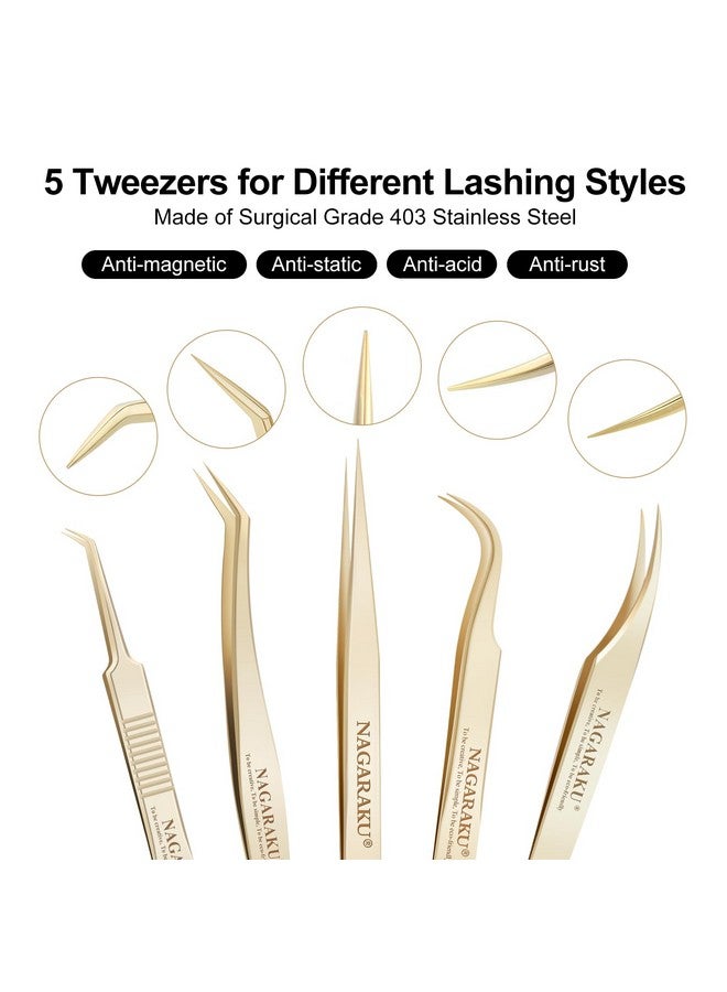 نجراكو NAGARAKU 5 قطع ملاقط لتمديد الرموش، مستقيمة ومنحنية، دقيقة، احترافية، سهلة التركيب، نقطة دقيقة مع حقيبة تخزين - Image 2