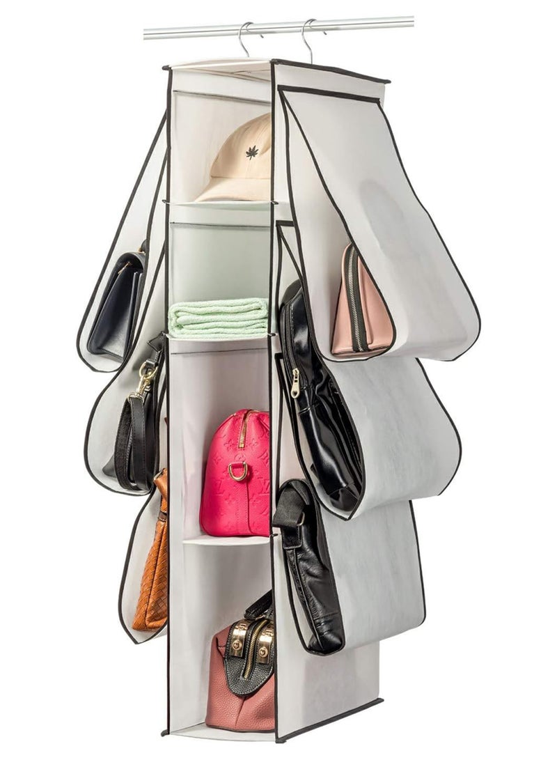 Excefore Hanging Purse Handbag Organizer, Closet Purse Handbag Organizer for Wardrobe Space Saving Closet Organizers System with 10 Compartments Handbag Holder (White) - Image 1