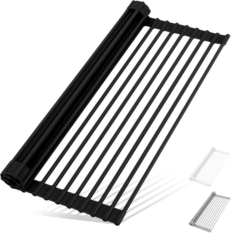 HANZENMA Roll Up Dish Drying Rack Over The Sink Kitchen Roll Up Sink Drying Rack Multipurpose Foldable Sink Drying Mat HeatResistant AntiSlip  AntiRust Dish Rack for Kitchen 17 x 13 Black - Image 1