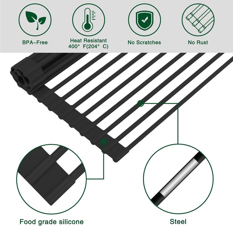 HANZENMA Roll Up Dish Drying Rack Over The Sink Kitchen Roll Up Sink Drying Rack Multipurpose Foldable Sink Drying Mat HeatResistant AntiSlip  AntiRust Dish Rack for Kitchen 17 x 13 Black - Image 4