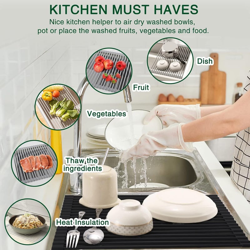 HANZENMA Roll Up Dish Drying Rack Over The Sink Kitchen Roll Up Sink Drying Rack Multipurpose Foldable Sink Drying Mat HeatResistant AntiSlip  AntiRust Dish Rack for Kitchen 17 x 13 Black - Image 3