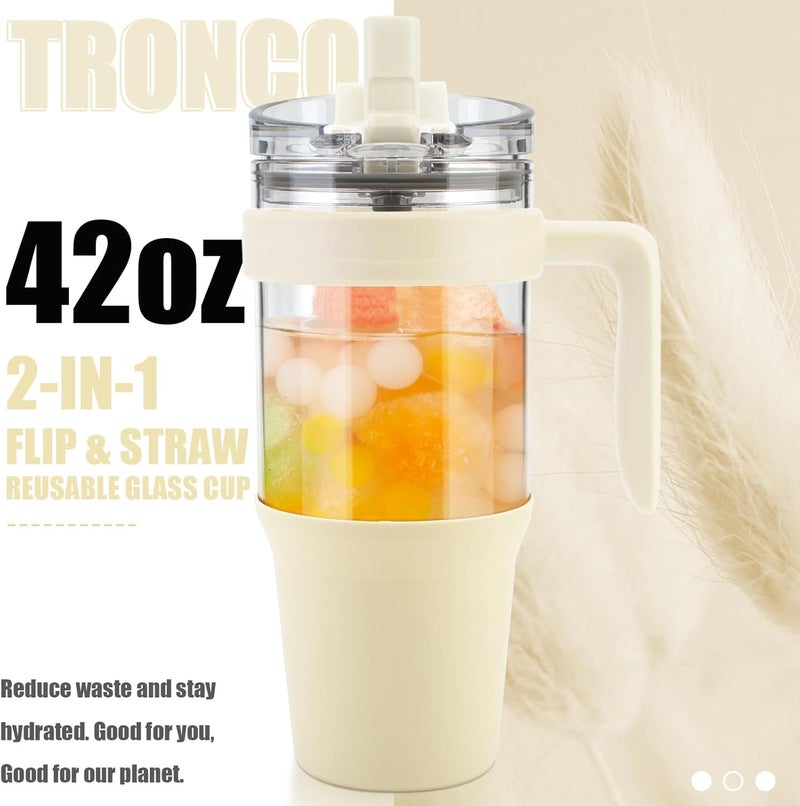 tronco 40 oz Glass Tumbler with Straw and Lid, Leak-proof Flip Straw, Reusable Iced Coffee Cup with Handle, Glass Water Bottles Fits in Cup Holder, Lead-Free, BPA-Free - Image 2