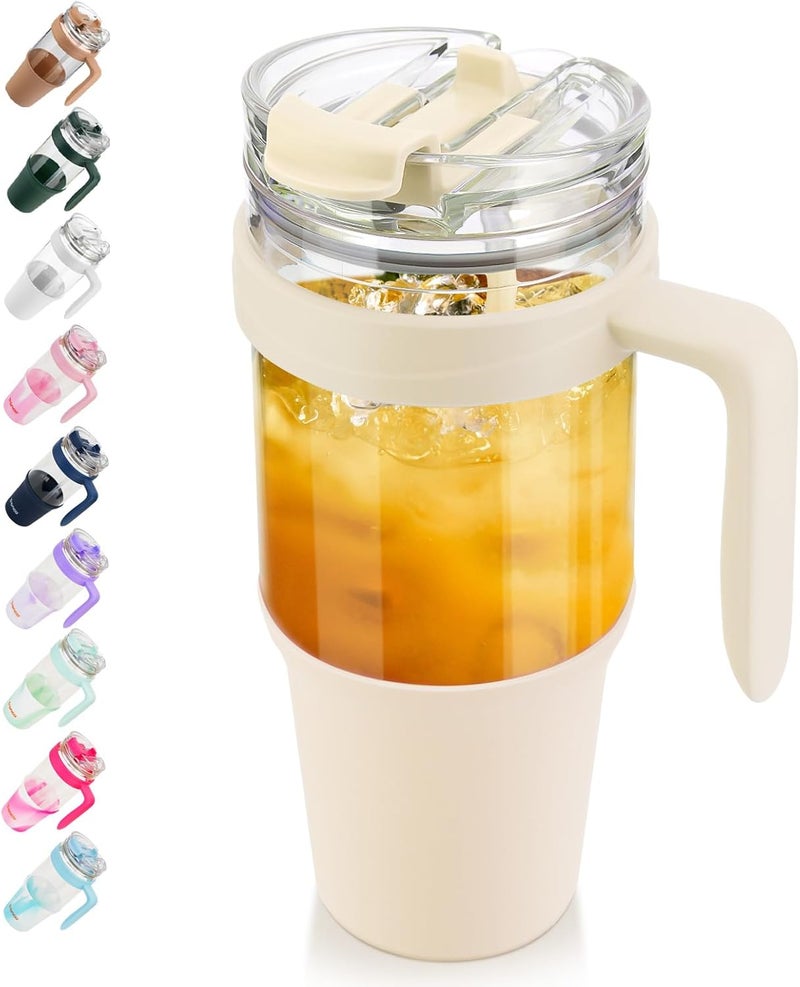tronco 40 oz Glass Tumbler with Straw and Lid, Leak-proof Flip Straw, Reusable Iced Coffee Cup with Handle, Glass Water Bottles Fits in Cup Holder, Lead-Free, BPA-Free - Image 1