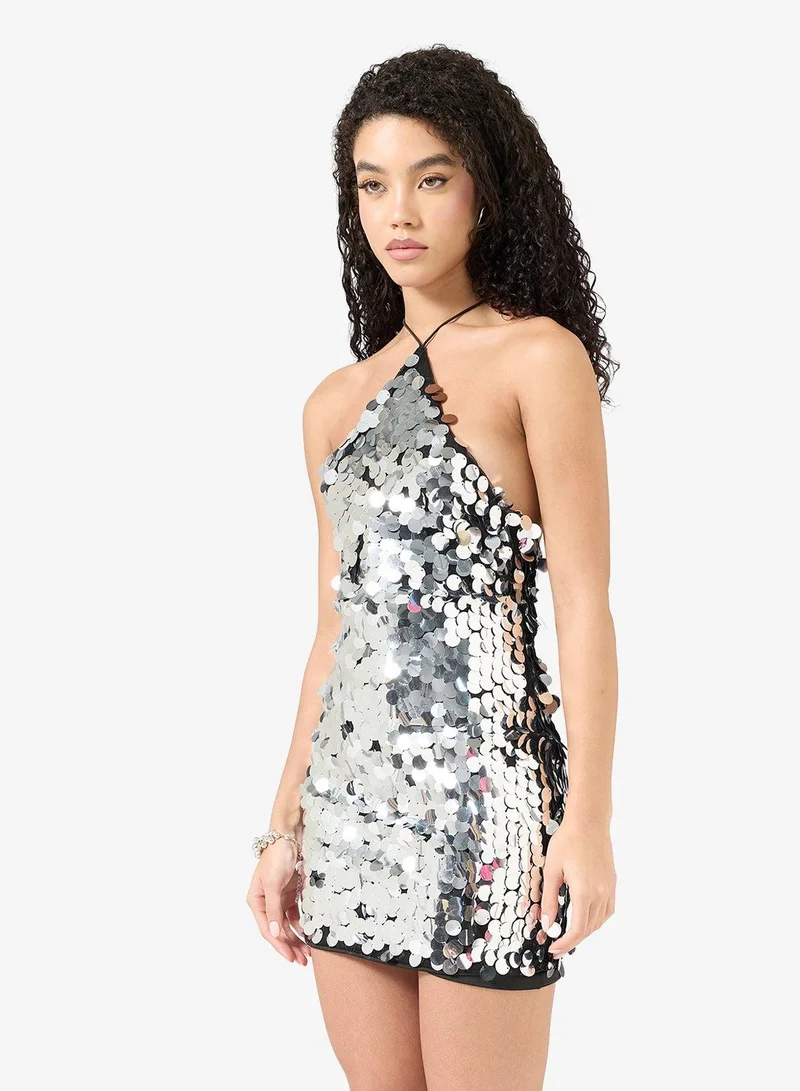 Ginger Halter Neck Sequin Embellished Evening Dress