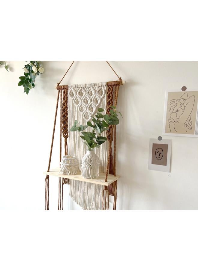 انتيكيانو رف معلق على الحائط بخيوط مكرمية.. ديكور حائط بوهيمي لغرفة النوم - فن جداري من حبل مكرمية منسوج كديكور لرف - Image 1