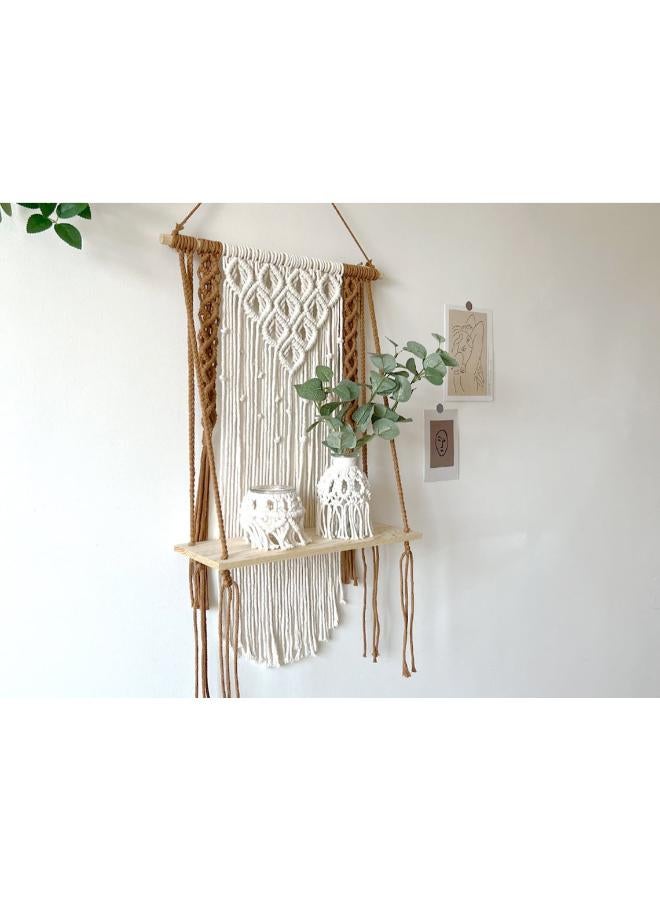 انتيكيانو رف معلق على الحائط بخيوط مكرمية.. ديكور حائط بوهيمي لغرفة النوم - فن جداري من حبل مكرمية منسوج كديكور لرف - Image 2