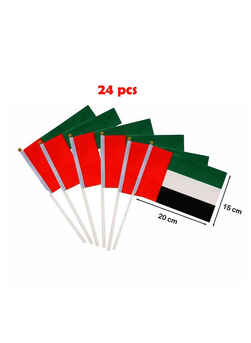 Souvenir Souq 24 PCS UAE  Flags 20x15 cm | Satin Fabric UAE Flags with Stick | National Day Celebration Flags | Party & Event Supplies,suitable for Indoor, outdoor, Building & villa. - Image 1