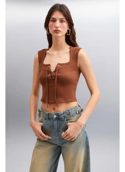GRIMELANGE Paolina Women Crop Brown Blouse
