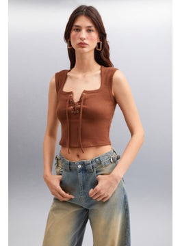 GRIMELANGE Paolina Women Crop Brown Blouse  - Image 1