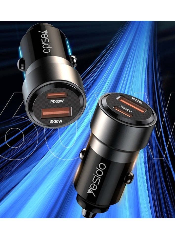 Yesido Y54 With 8 Pin To Type-C/USB-C Line Car Charger QC3.0+PD30W Type-C/USB-C+USB Dual Port Quick Charge (Black) - Image 5