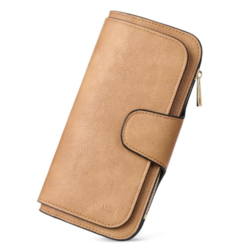 CLUCI محفظة نسائية من كلوتشي جلدية مع حماية RFID مصممة على شكل مثلث لحامل بطاقات السيدات مع نافذة هوية بلون الجمل - Image 1