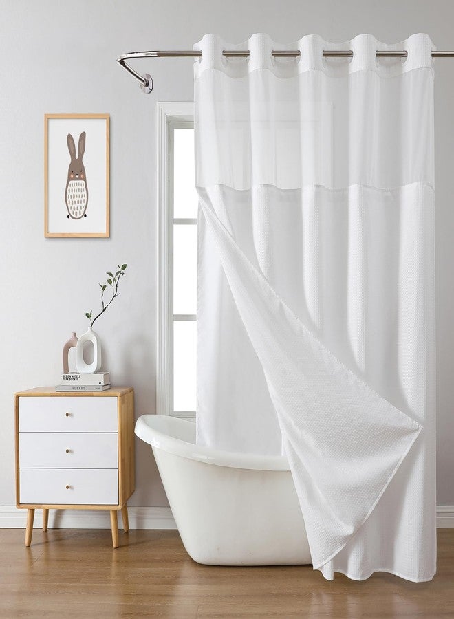 eachope White No Hook Waffle Weave Shower Curtain with snap-in Liner Replacement, 230GSM Waterproof Fabric Hotel Shower Curtain Set for Bathroom, Through Mesh Top Window,71Wx74H - Image 1
