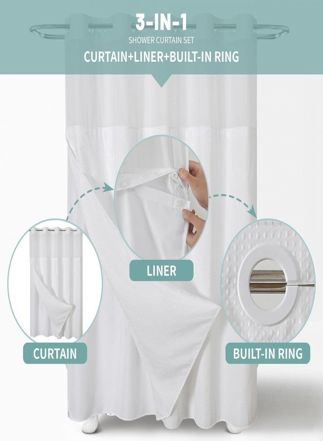 eachope White No Hook Waffle Weave Shower Curtain with snap-in Liner Replacement, 230GSM Waterproof Fabric Hotel Shower Curtain Set for Bathroom, Through Mesh Top Window,71Wx74H - Image 3