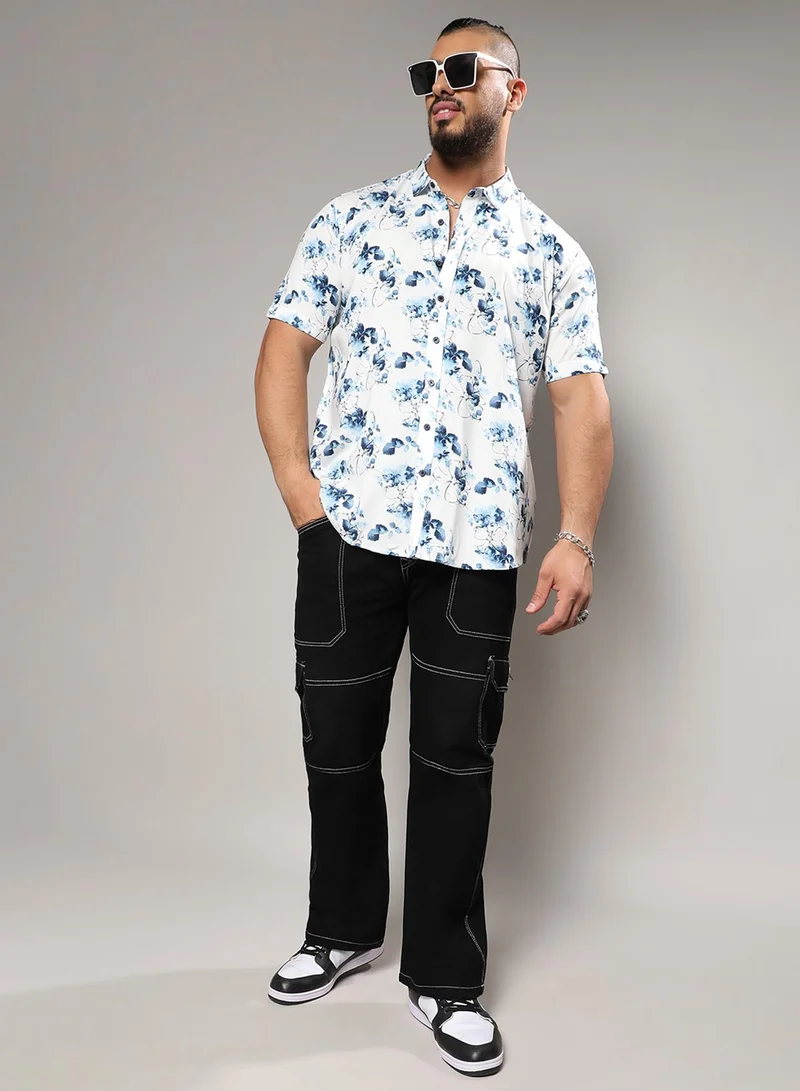 Instafab Plus Instafab Plus Men's Blue & White Botanical Strokes Shirt For Casual Wear | Spread Collar | Short Sleeve | Button Closure | Heavy Rayon Shirts Crafted With Comfort Fit For Everyday Wear