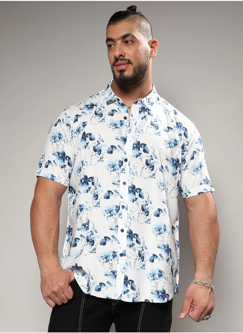 Instafab Plus Instafab Plus Men's Blue & White Botanical Strokes Shirt For Casual Wear | Spread Collar | Short Sleeve | Button Closure | Heavy Rayon Shirts Crafted With Comfort Fit For Everyday Wear