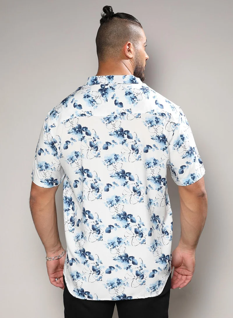 Instafab Plus Instafab Plus Men's Blue & White Botanical Strokes Shirt For Casual Wear | Spread Collar | Short Sleeve | Button Closure | Heavy Rayon Shirts Crafted With Comfort Fit For Everyday Wear