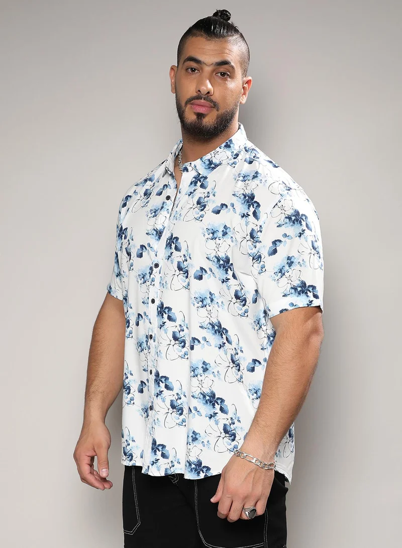 Instafab Plus Instafab Plus Men's Blue & White Botanical Strokes Shirt For Casual Wear | Spread Collar | Short Sleeve | Button Closure | Heavy Rayon Shirts Crafted With Comfort Fit For Everyday Wear